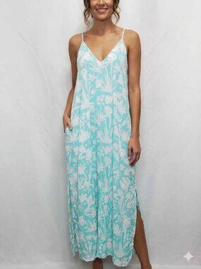Van Winkle & Co Floral Maxi Chemise Dress Womens Small S Blue Slits Lounge I03